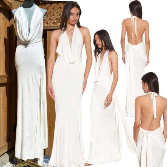 🆕 RAT & BOA 🧿 NWOT Winona White Slinky Cowl Neck Jersey Gown, Sz XS - Picture 1 of 16